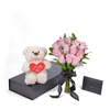 Valentines Day 12 Stem Pink Rose Bouquet With Box & Bear from New York Blooms - Flower Gift Set - New York Delivery.