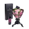 Valentines Day 12 Stem Pink Rose Bouquet With Box & Wine from New York Blooms - Flower & Wine Gift Set - New York Delivery.