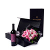 Valentines Day 12 Stem Pink Rose Bouquet With Box & Wine from New York Blooms - Flower & Wine Gift Set - New York Delivery.