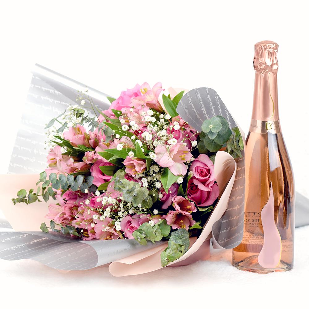A Classy Affair Flowers &amp; Prosecco Gift, Pink Mixed Floral Bouquet, Pink Mixed Floral Arrangement, Champagne, Champagne Gifts, NY Same Day Delivery