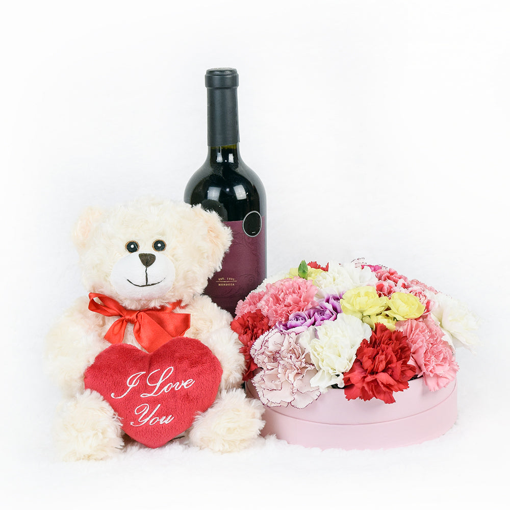 A Day In Vienna Flowers & Wine Gift, Floral Gifts, Wine Gifts, Plushie, Mixed Floral Hat Box, Floral Gift Baskets, NY Same Day Delivery