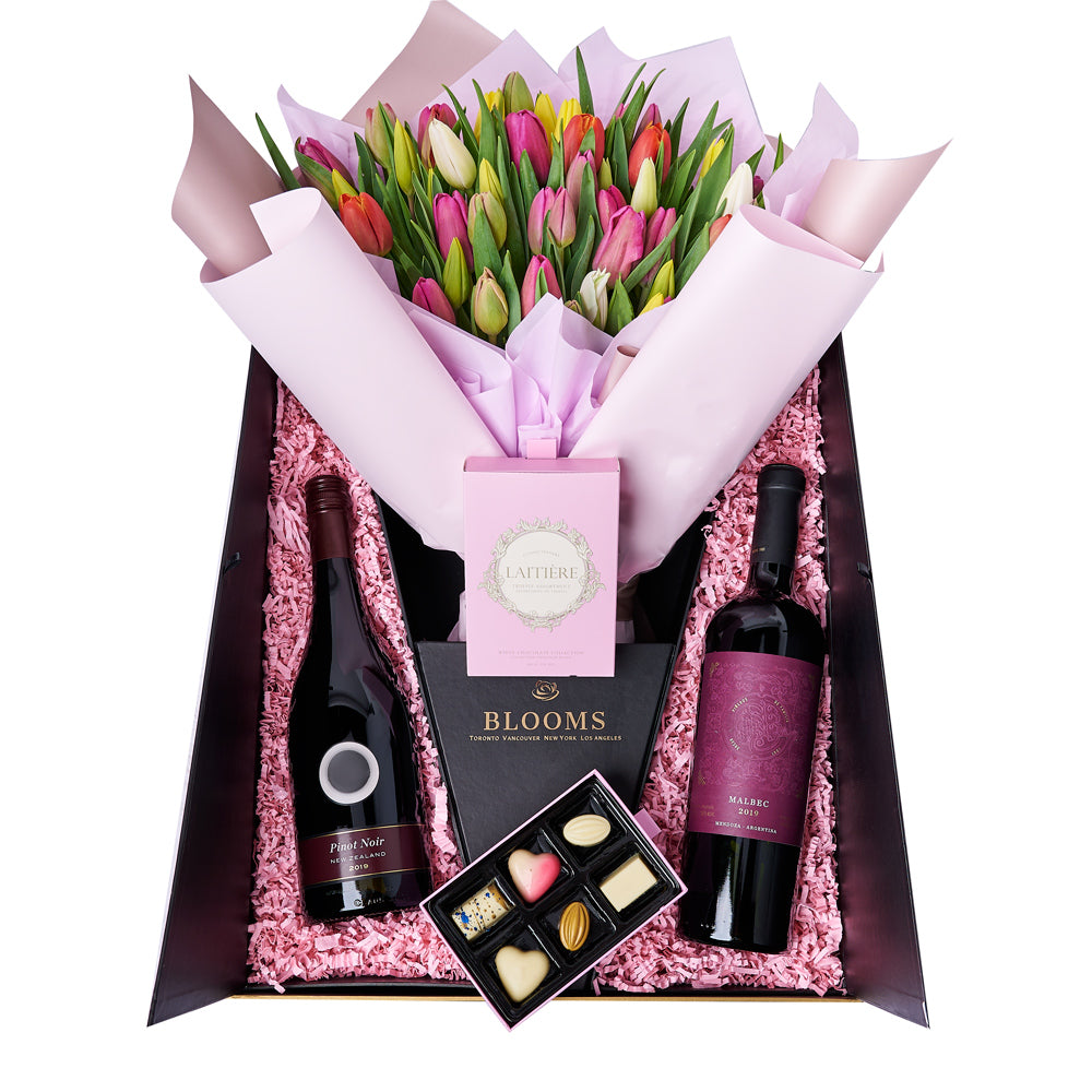 Resplendent Spring Tulip Gift Set from New York Blooms - Wine & Flower Gift Set - New York Delivery.