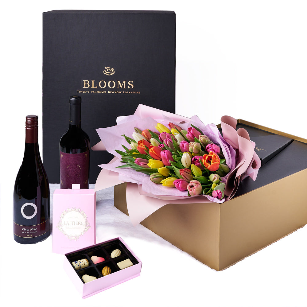 Resplendent Spring Tulip Gift Set from New York Blooms - Wine & Flower Gift Set - New York Delivery.