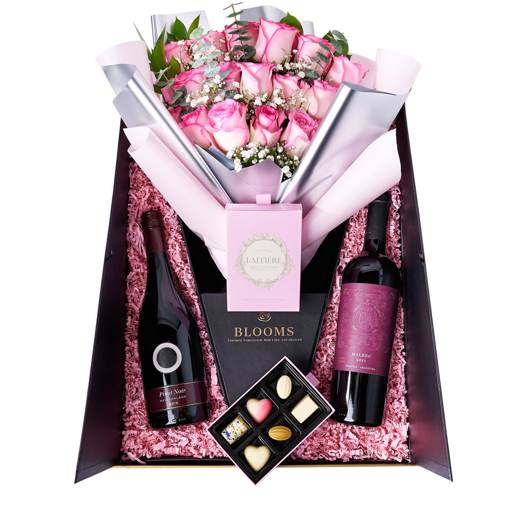 The Complete Pink Rose &amp; Wine Gift Set from New York Blooms - Flower &amp; Wine Gift Set - New York Delivery.