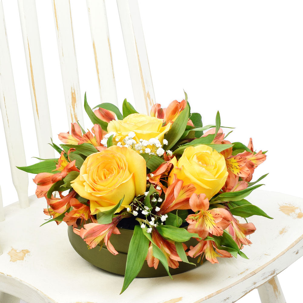 Autumnal Sunset Arrangement, Mixed Floral Arrangement, Mixed Floral Hat Box, Floral Gifts, NY Same Day Delivery