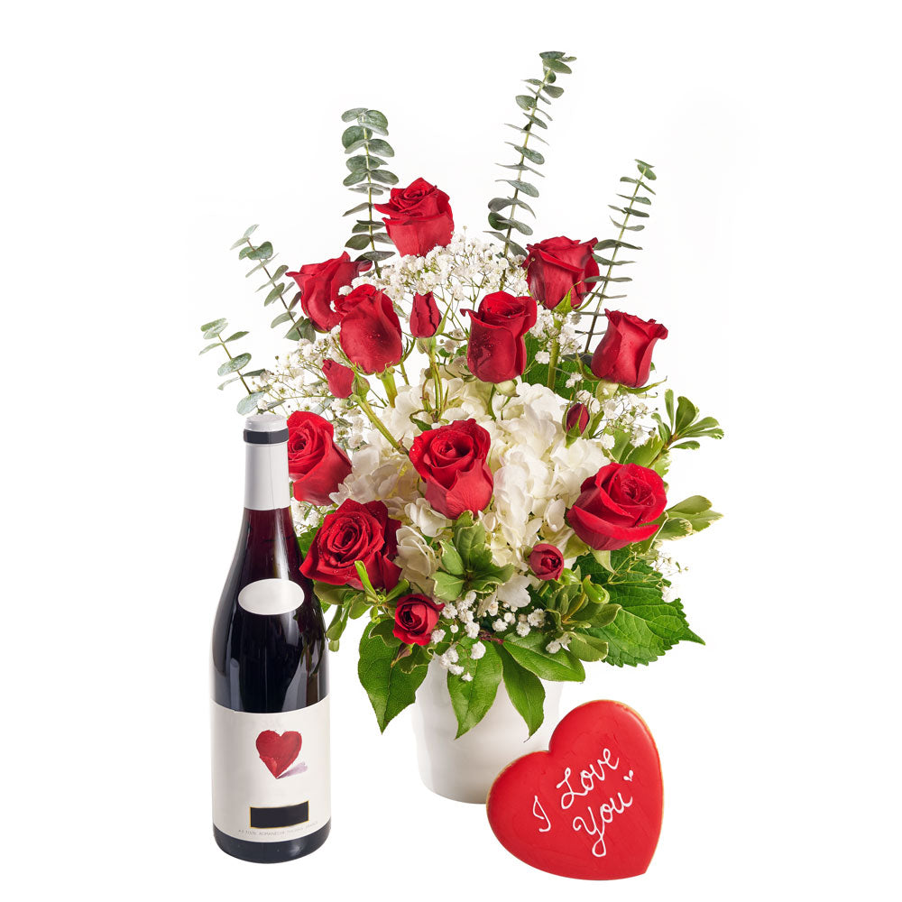 Rose and Hydrangea Vase with Wine from New York Blooms - Wine &amp; Flower Gifts - New York Delivery.