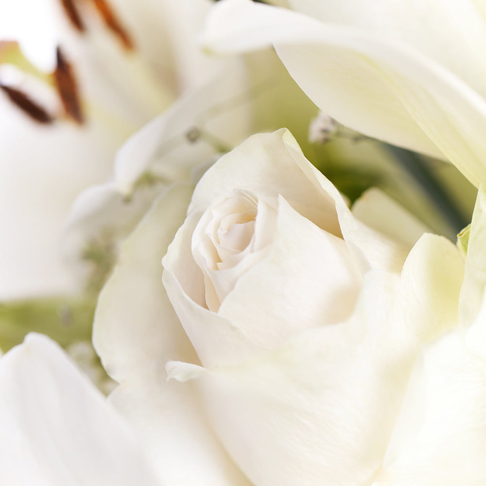 Alabaster Mixed Lily Arrangement, Mixed Floral Arrangement, White Floral Arrangement, White Floral Bouquets, White Floral Arrangement, Floral Gift Baskets, NY Same Day Delivery