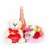Carnation Box Arrangement with plush and bear, Champagne Gifts, Mixed Floral Gift Baskets, Plushie, Champagne, Mixed flower hat box, Same Day NY Delivery