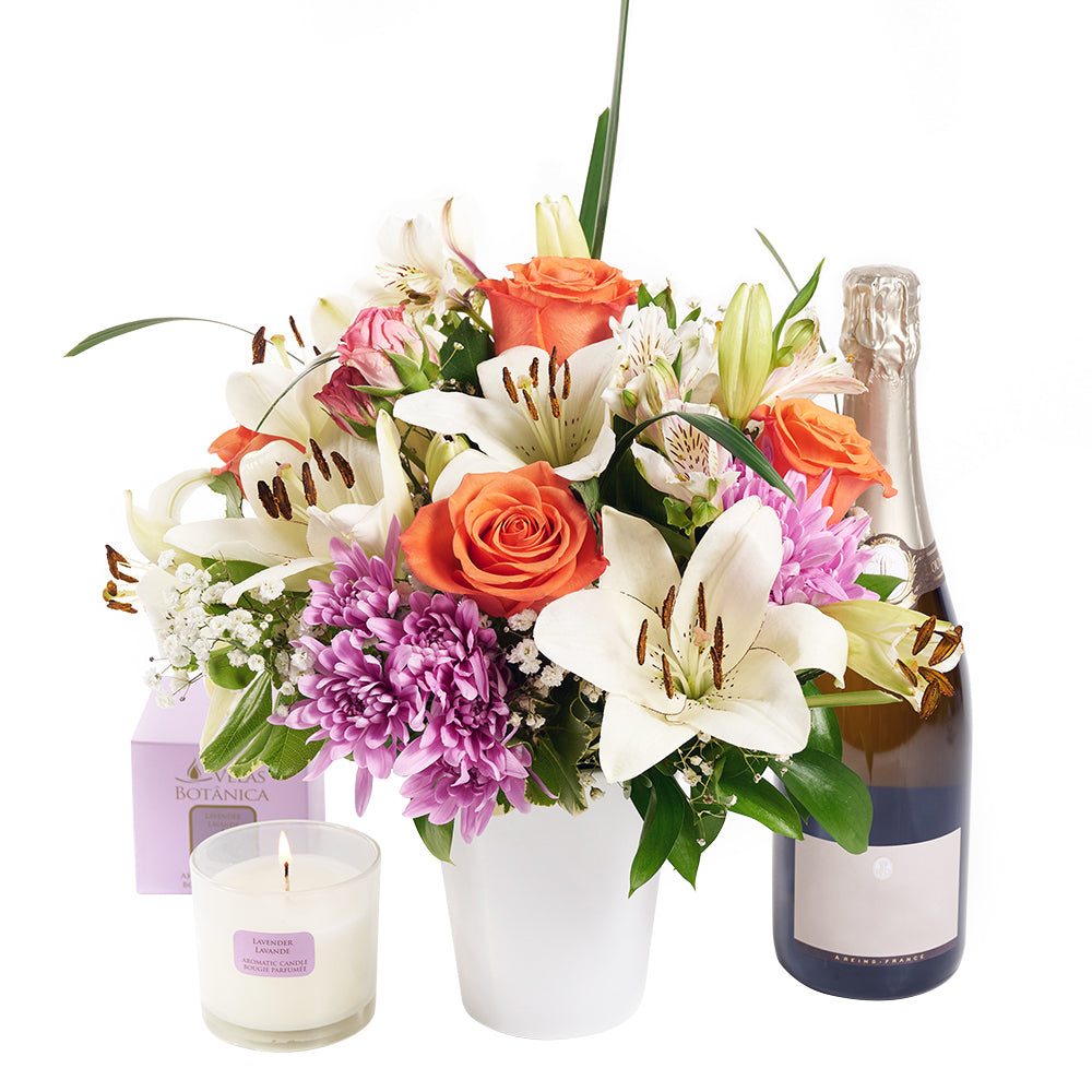 Beautifully Fragrant Flowers & Champagne Gift, Champagne Gifts, Mixed Floral Arrangement, Candles, Spa Gift Set, Floral Gift Set, Floral Gift Baskets, NY Same Day Delivery