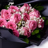 Valentines Day 12 Stem Pink Rose Bouquet With Box & Wine from New York Blooms - Flower & Wine Gift Set - New York Delivery.
