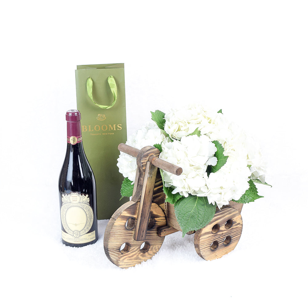Charming Garden Party Flowers &amp; Wine Gift, Wine Gifts, White Hydrangea, Floral Gifts, NY Same Day Delivery