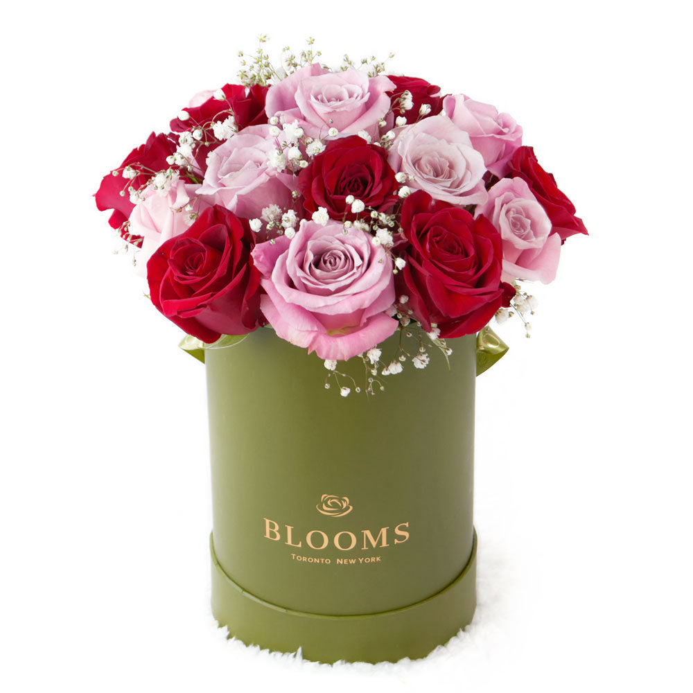 Elegant Rose Duo Arrangement, Two Tone Roses Gift, Pink and Red Roses, Mixed Roses Hat Box, Mixed Roses Arrangement, New York Blooms