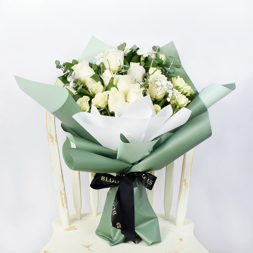 Parisian Chic Tea Rose Bouquet, White Roses Bouquet, USA Delivery, NY Delivery