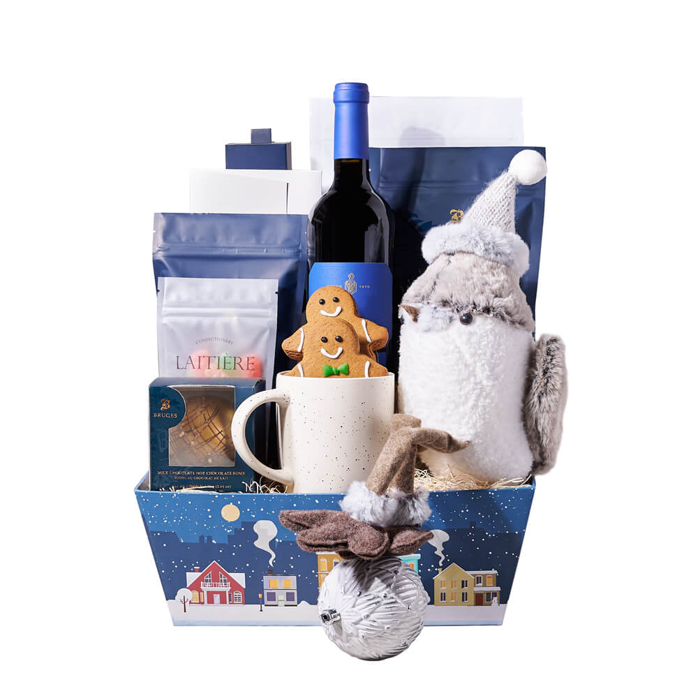 Festive Sparrow & Wine Christmas Gift, christmas gift, christmas, holiday gift, holiday, gourmet gift, gourmet, hot chocolate gift, hot chocolate New York Blooms