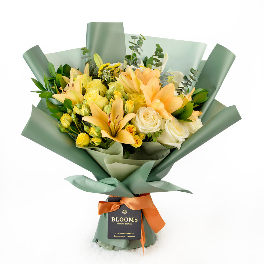 Floral Sunrise Mixed Bouquet & Champagne, Yellow Flower Bouquet, Floral Gifts, Mixed Floral Bouquets, Champagne Gifts, Roses, Champagne, Lilies, Gift Baskets, NY Same Day Delivery