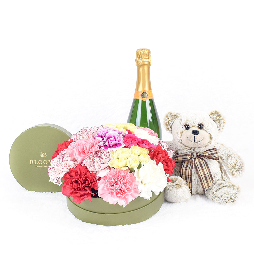 For The Love of My Life Flowers &amp; Champagne Gift, Champagne Gifts, Mixed Floral Hat Box, Plushies, Chocolates, Gourmet Gifts, NY Same Day Delivery