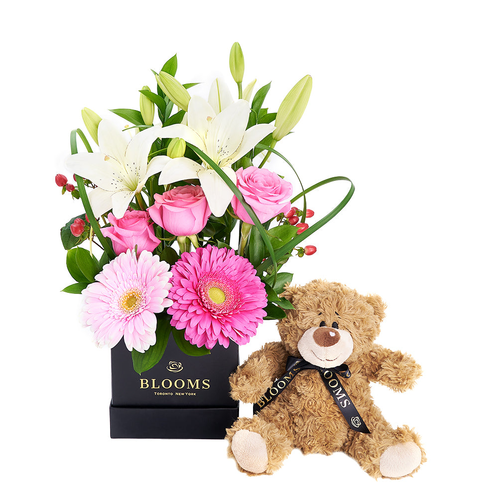 Gerbera Floral Arrangement &amp; Bear Gift Set, Gerbera, Roses, Lilies, Bear Plushies, Mixed Floral Arrangement Hat Box, Floral Gift Baskets, Floral Gifts, NY Same Day Delivery