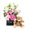 Gerbera Floral Arrangement & Bear Gift Set, Gerbera, Roses, Lilies, Bear Plushies, Mixed Floral Arrangement Hat Box, Floral Gift Baskets, Floral Gifts, NY Same Day Delivery