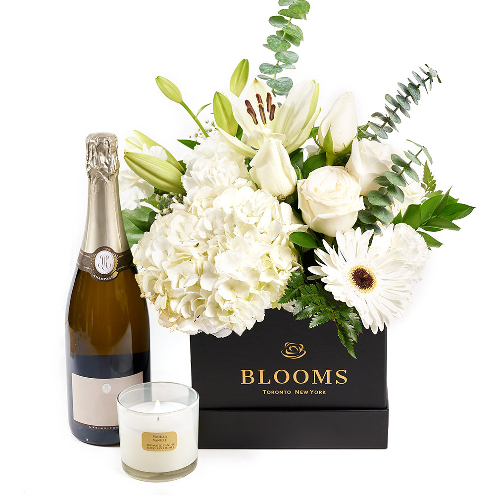 Heavenly Scents Flowers &amp; Champagne Gift, Champagne Gifts, Luxury Gift Baskets, Mixed Floral Arrangement, Champagne, Candle, Floral Gift Baskets, NY Same Day Delivery