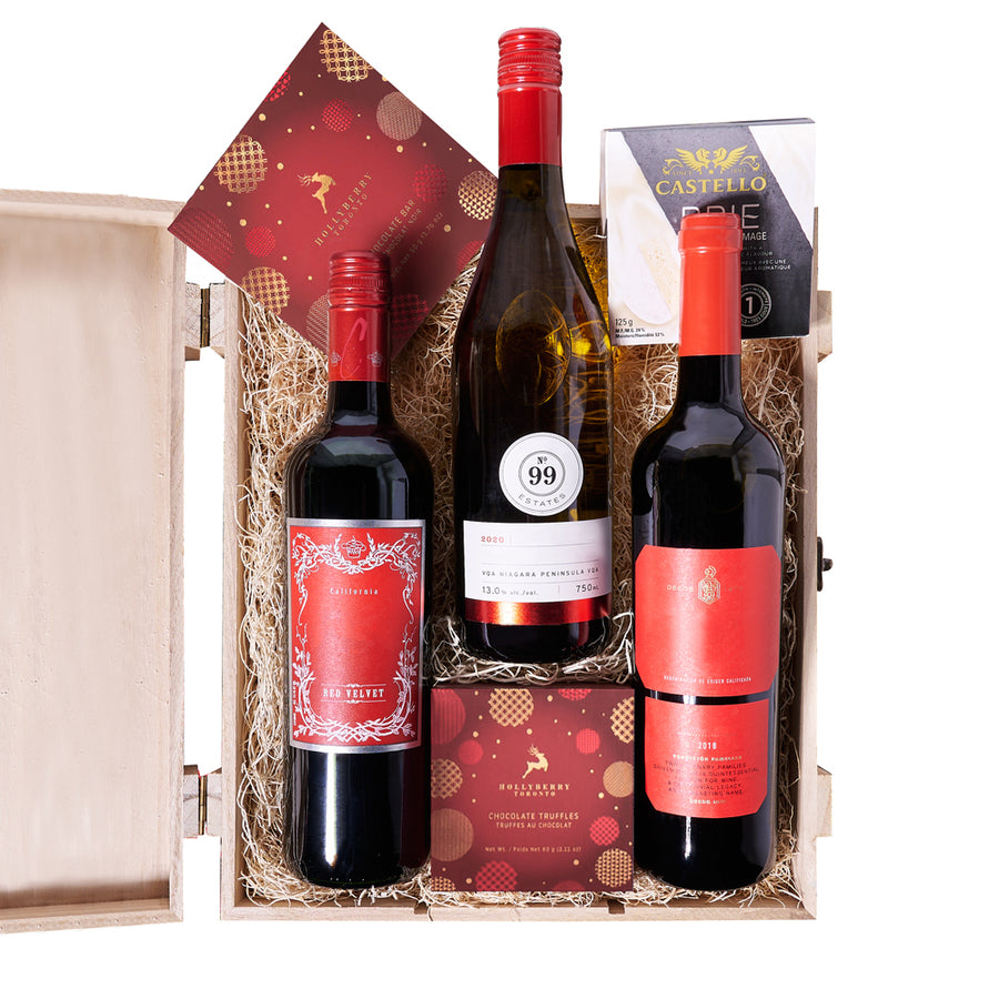 Holiday Wine Trio & Treat Gift Box,  candy, chocolate, chocolate bar,  christmas,  Christmas Cookie,  Christmas set,  gourmet,  wine,  wooden box, christmas Wine Trio, Wine Box Trio delivery New York Blooms