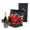 Valentine’s Day 12 Stem Red Rose Bouquet With Box & Champagne from New York Blooms - Flower & Champagne Gift Set - New York Delivery.