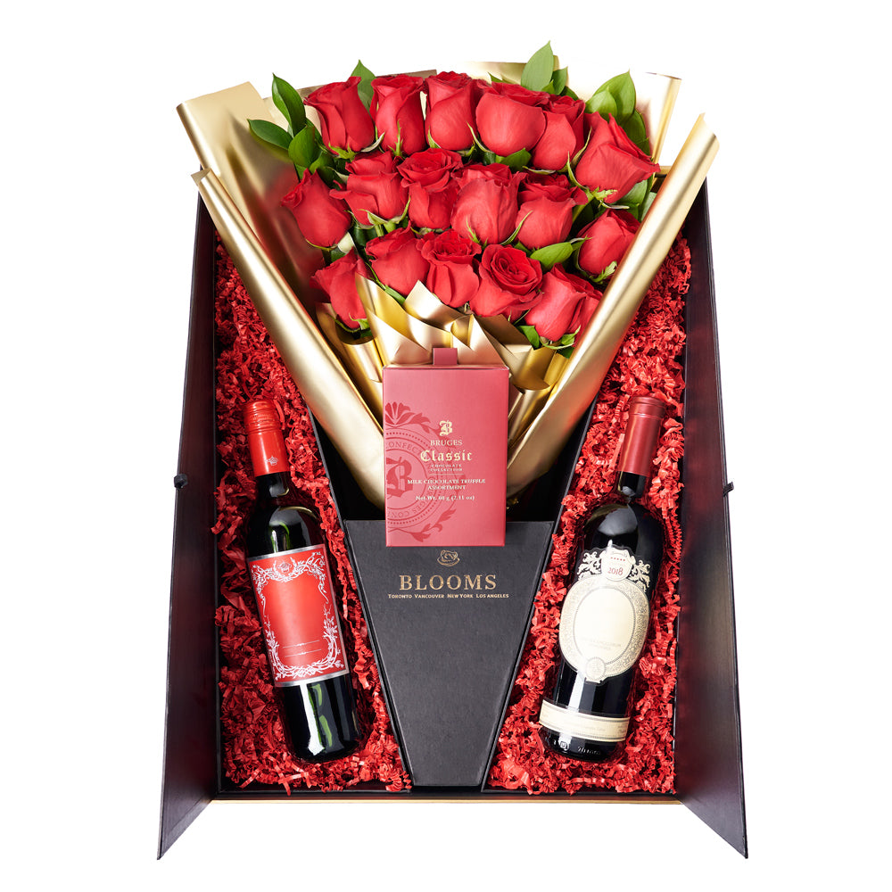 Valentine's Day 18 Stem Red Roses With Chocolate & Wine  - Flower & Wine Gift Set - New York Delivery.