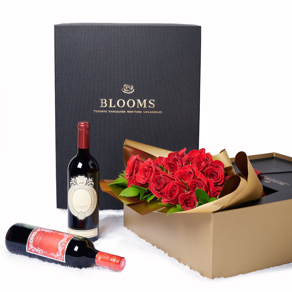 Valentine's Day 18 Stem Red Roses With Chocolate & Wine - Flower & Wine Gift Set - New York Delivery.