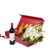 Valentine's Day Dozen White Rose Bouquet With Box & Wine from New York Blooms - Flower & Wine Gift Set - New York Delivery.