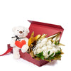 Valentine’s Day 12 Stem White Rose Bouquet With Box & Bear from New York Blooms - Flower Gift Set - New York Delivery.