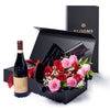 Valentines Day 12 Stem Red & Pink Rose Bouquet With Box & Wine from New York Blooms - Flower & Wine Gift Set - New York Delivery.