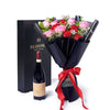 Valentines Day 12 Stem Red & Pink Rose Bouquet With Box & Wine from New York Blooms - Flower & Wine Gift Set - New York Delivery.