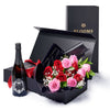 Valentine’s Day 12 Stem Red & Pink Rose Bouquet With Box & Champagne from New York Blooms - Flower & Champagne Gift Set - New York Delivery.