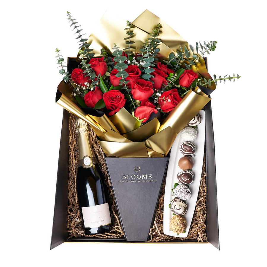 Love Like This Rose Gift Box, rose gift, roses, champagne gift, champagne, sparkling wine gift, sparkling wine, rose gift, roses, flower gift, flowers, chocolate covered strawberries, chocolate covered strawberry gift, valentines gift, valentines New York Blooms