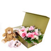 Mother’s Day 12 Stem Pink & White Rose Bouquet with Box, Bear, & Chocolate, Gourmet Gift Basket, Plushies, Chocolate Truffles, Roses Bouquet. NY Same Day Delivery. New York Blooms