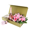 Mother’s Day Dozen Pink Rose Bouquet with Box, Champagne, & Chocolate from New York Blooms - Floral & Champagne Gift Box Set - New York Delivery.