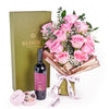 Mother’s Day Dozen Pink Rose Bouquet with Box, Wine, & Chocolate from New York Blooms - Wine & Floral Gift Box Set - New York Delivery.