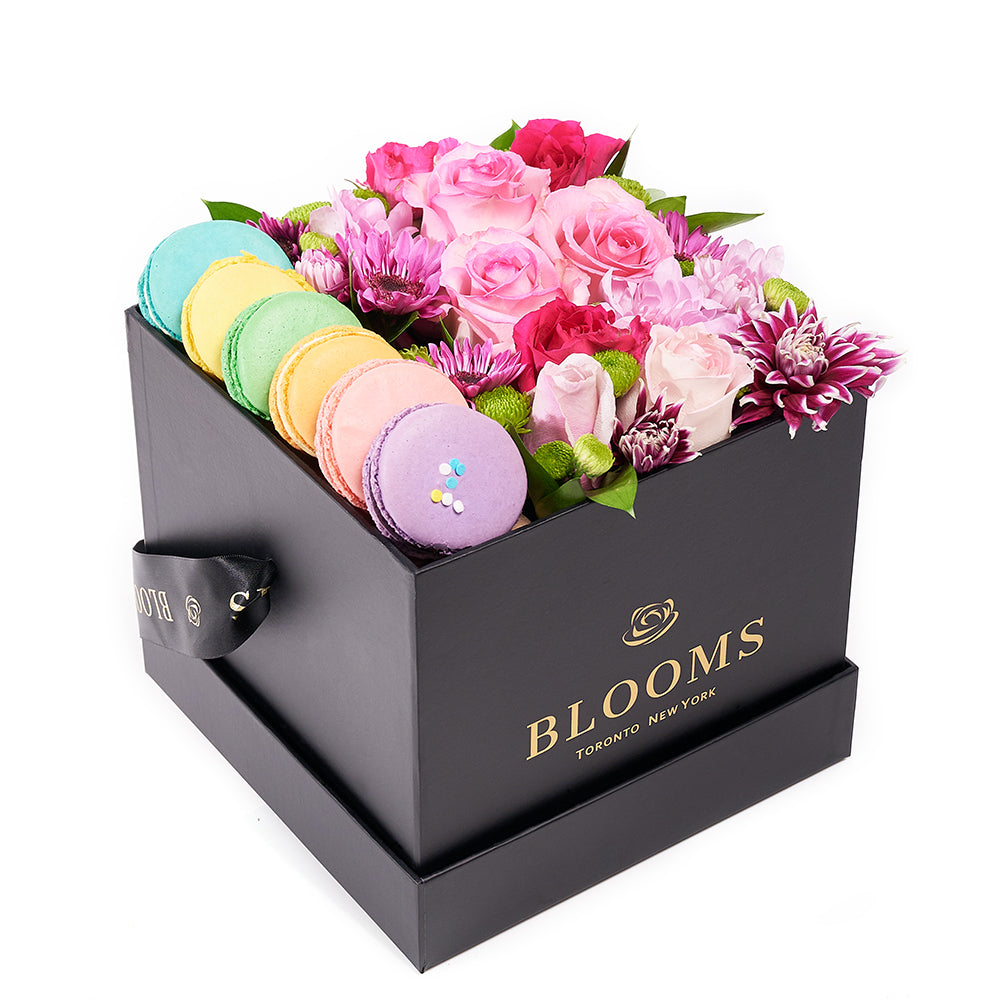 Complete Macaron & Flower Gift Box, Mother's Day Gift Baskets, Macarons, Mixed Floral Arrangement, Floral Hat Box, NY Same Day Delivery