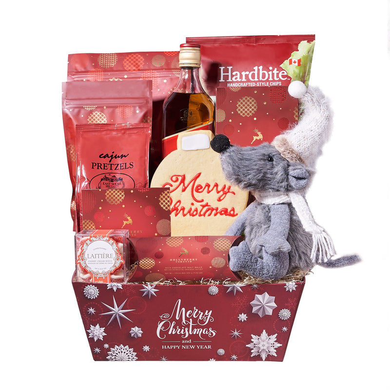 Holiday Mouse & Liquor Gift Basket, liquor gift basket, liquor, liquor gift, gourmet gift basket, gourmet, christmas gift basket, christmas gift, christmas, holiday gift basket, holiday, holiday gift, candy gift, New York Blooms