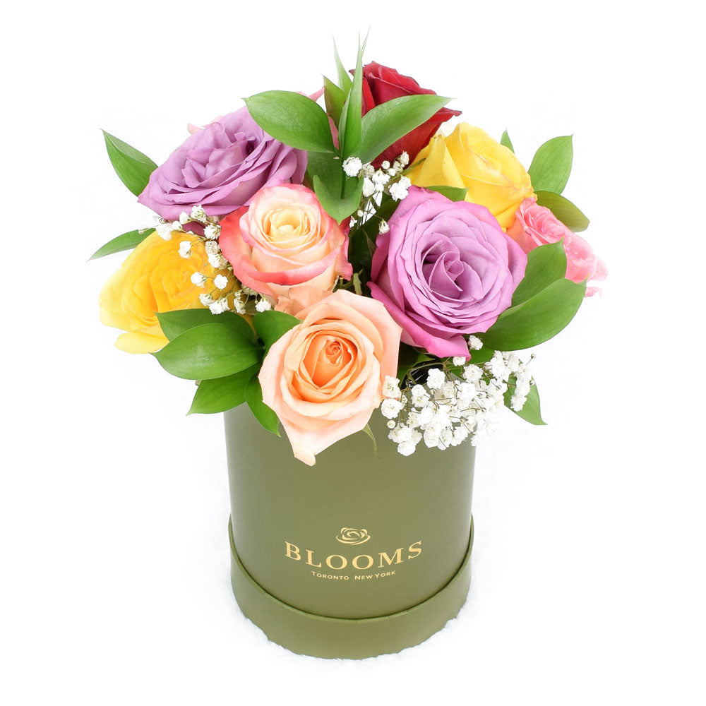 Rainbow Essence Rose Gift from New York Blooms - Mixed Floral Hat Box - New York Delivery.